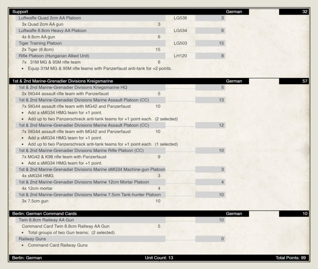 Table listing German game units with counts and point values (Luftwaffe, Tiger, Rifle, Marine divisions).