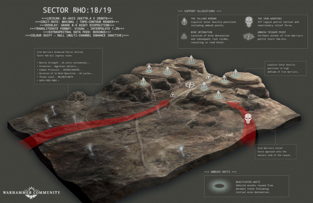 Isometric battlefield map showing Iron Warriors ambush points and red invasion arrows across a rocky canyon terrain.