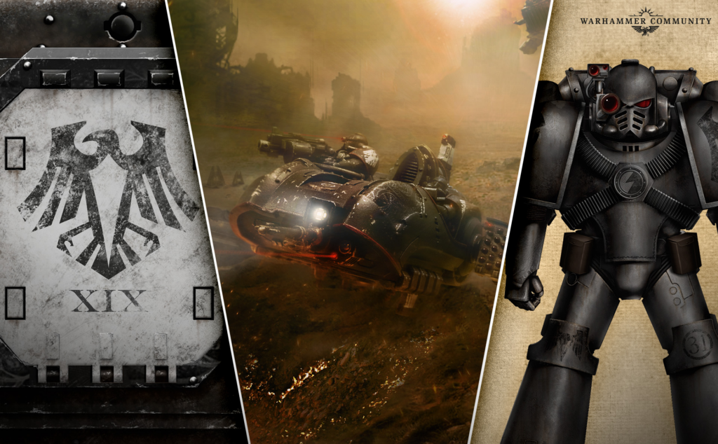 Three-panel banner: Imperial eagle insignia on left, battle-scarred rider on a futuristic bike in the center, and a power-armored figure on the right under Warhammer Community.