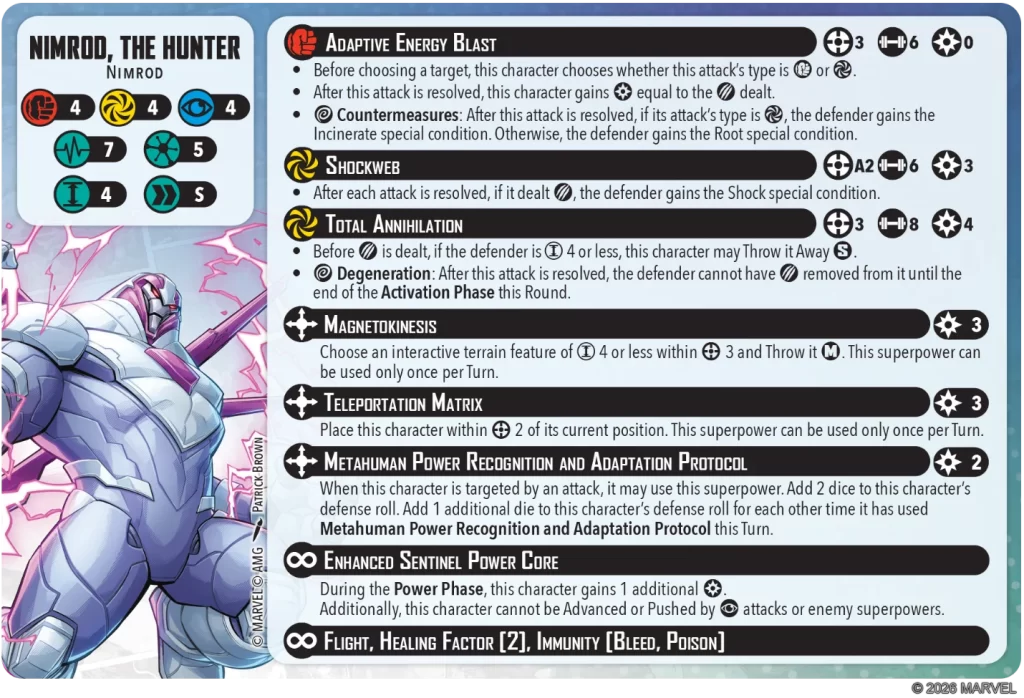 Nimrod, the Hunter character card with status icons and a list of abilities like Adaptive Energy Blast and Teleportation Matrix on a blue border panel.