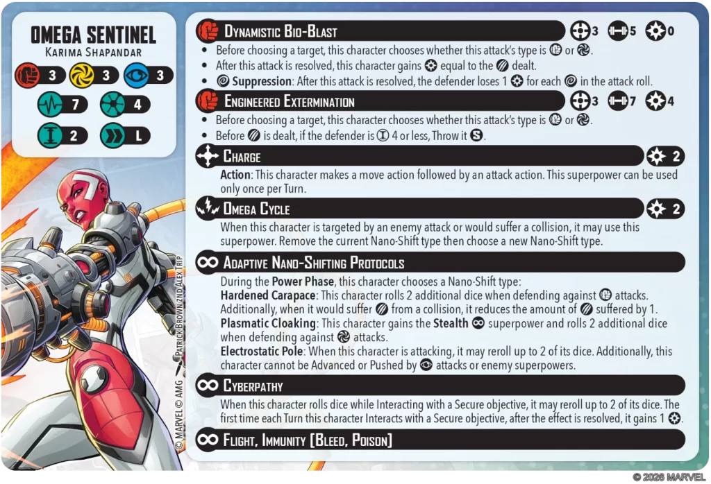 Omega Sentinel Karima Shapandar character card with stat icons on left and ability blocks: Dynamic Bio-Blast, Engineered Extermination, Charge, Omega Cycle, Adaptive Nano‑Shifting Protocols, Cyberpathy, Flight and Immunity text-heavy layout.