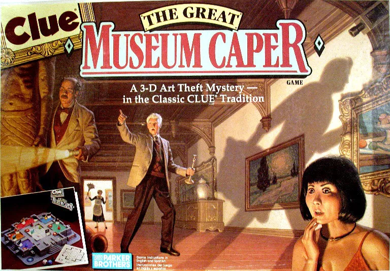 Box art for Clue: The Great Museum Caper board game; showcases a museum scene with a man in a beige suit gesturing and a worried woman on the right foreground