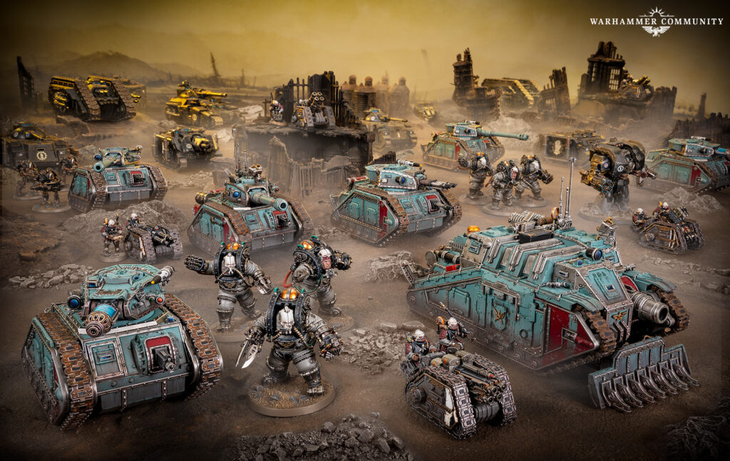 Warhammer 40k battle scene with teal tanks and armored infantry amid ruined cityscape and smoke