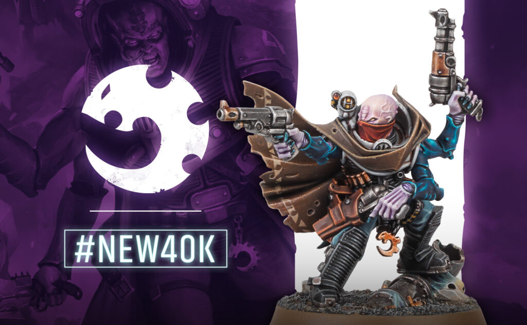 Promotional Warhammer 40K banner: neon '#NEW40K' glow with a futuristic armored miniatures figure against a purple background and a white emblem behind.