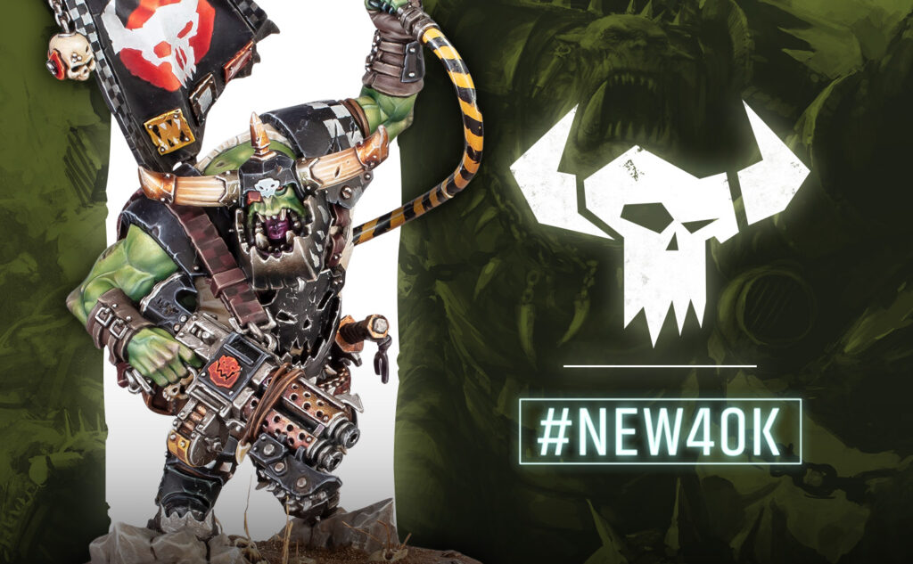 Orc warboss action figure in armor, wielding a large gun, standing on rocks with a dark green backdrop and a skull-edged logo beside the text #NEW40K.