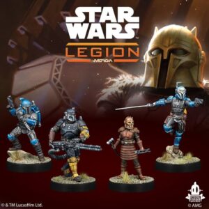 Star Wars: Legion box art featuring four painted miniatures (two blue-armored troopers, a heavier armored figure with a large gun, and a robed character) standing in front of a large helmeted head and logo above.