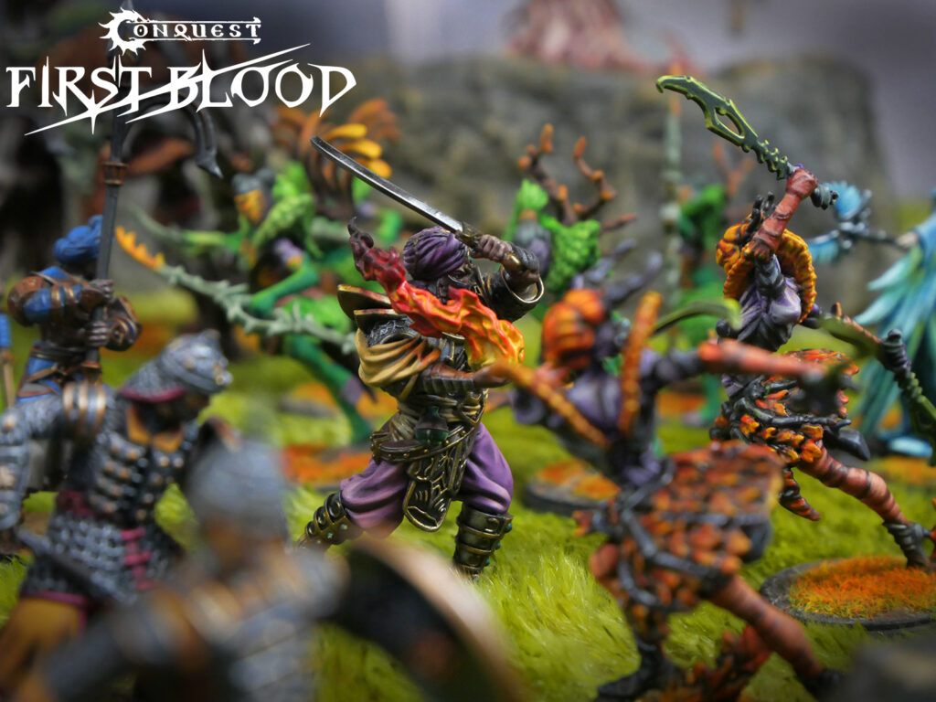 Group of painted fantasy miniatures engaged in a sword fight on a grassy battle terrain, with the 'Conquest First Blood' logo in the top-left corner.