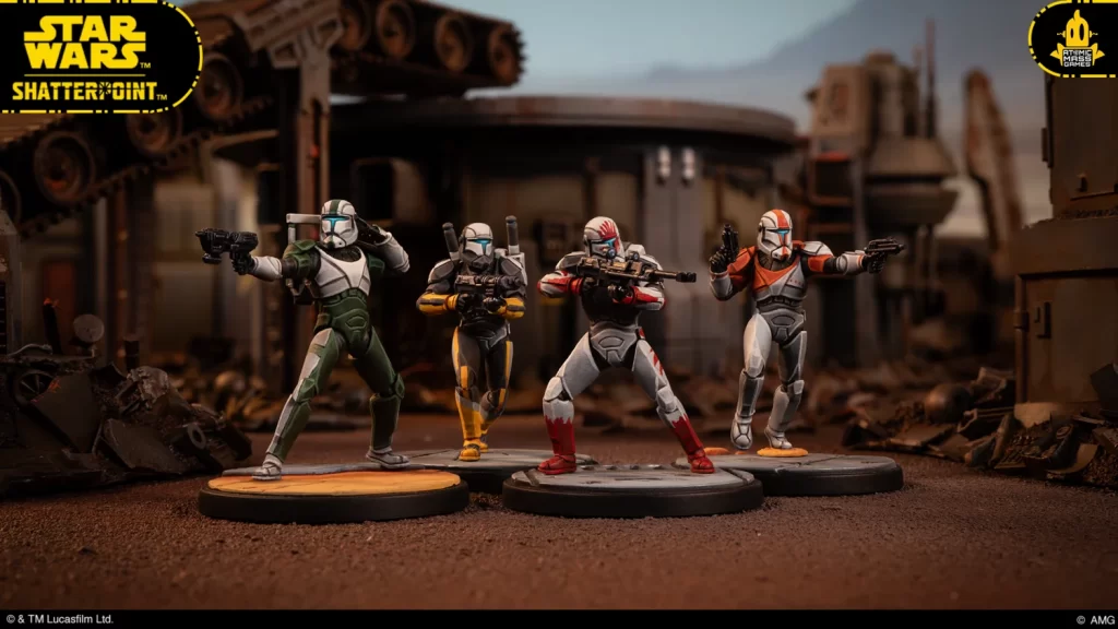 Four Star Wars Shatterpoint action figures posed with blasters in a ruined industrial setting, with logos in the corners.