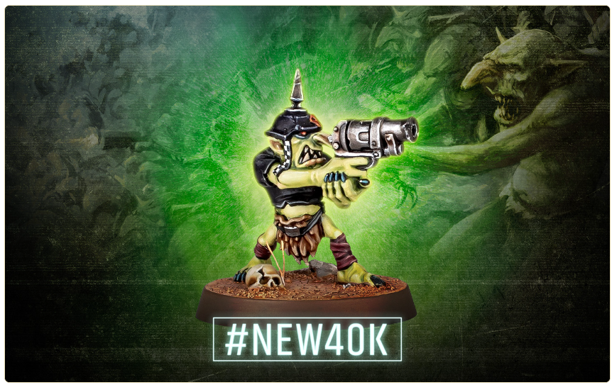 A fantasy goblin figure aiming a large gun on a rocky base with a glowing green aura and the tag #NEW40K beneath it.