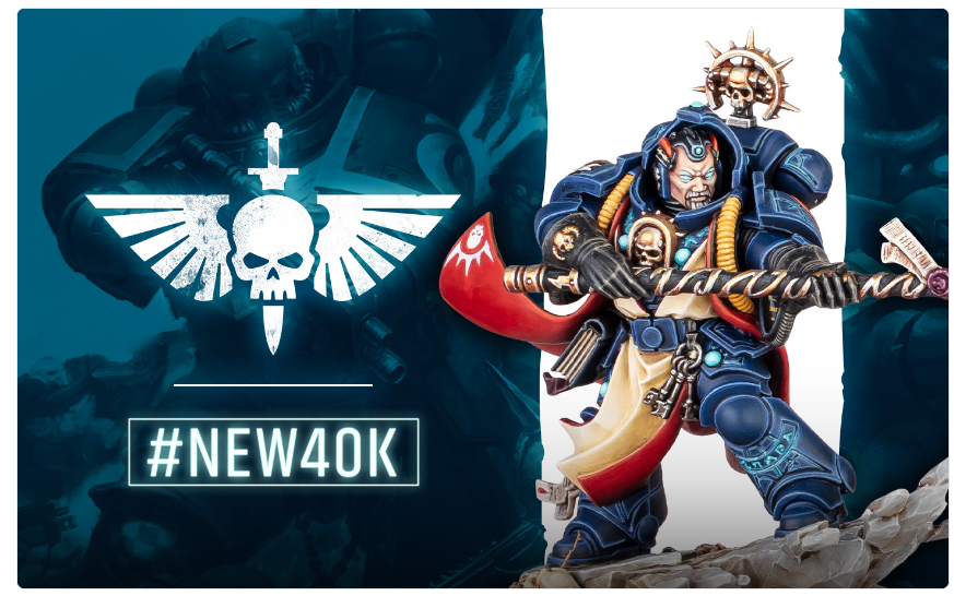 Promotional image for New 40K: a Space Marine with a menacing weapon beside a winged skull emblem and the hashtag #NEW40K.