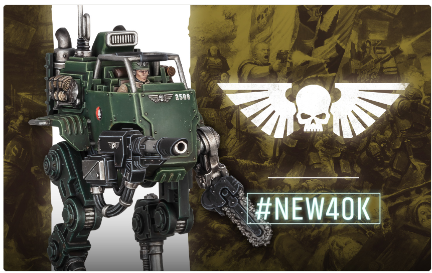 Promotional banner featuring a green armored battle-mech with a large chain-sword on the right, gold background, winged skull emblem, and the hashtag #NEW40K.