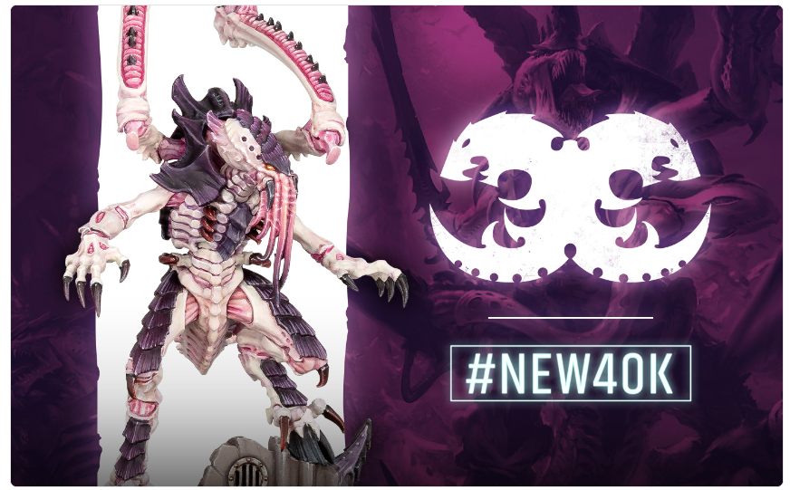 Action figure miniature with pink-purple armor on a white split background beside a neon mask and '#NEW40K' promo.