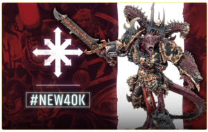 Promotional banner for a Warhammer 40K release showing a detailed armored model, a white emblem on red, and the neon text #NEW40K.