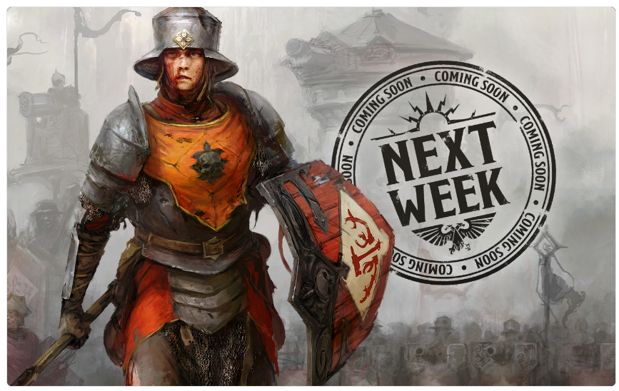 Armored knight in orange tunic with shield marching toward the viewer; a large 'Next Week' stamp dominates the background.