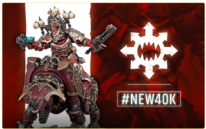 Warhammer 40K promotional image with a red-armored rider on a spiked beast, white snowflake emblem, and #NEW40K text on a split white/red background.