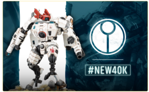 White armored robot figure standing on rocky ground against a teal background with a circular emblem and neon '#NEW40K' text, promoting Warhammer 40K