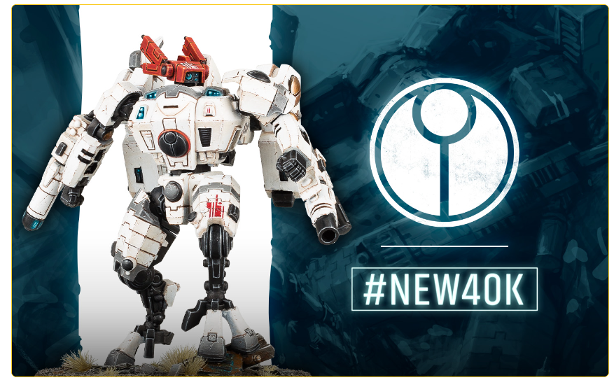 White armored robot figure standing on rocky ground against a teal background with a circular emblem and neon '#NEW40K' text, promoting Warhammer 40K