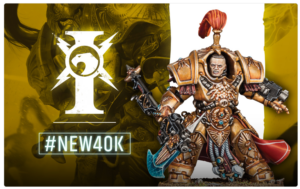 Ornate Warhammer 40K space marine figure beside a neon '#NEW40K' sign on a yellow backdrop.
