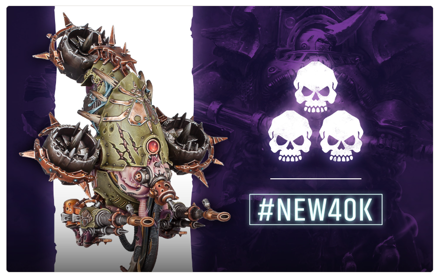 Promotional Warhammer 40K banner featuring a spiked armored creature on the left and three skull icons with a neon '#NEW40K' tag on the right.