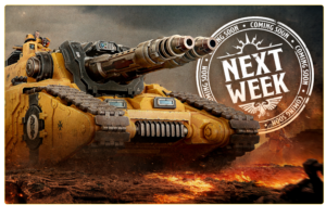 Yellow futuristic battle tank firing its cannon across a smoky, fiery battlefield with a large 'Next Week' stamp in the background; epic war imagery.