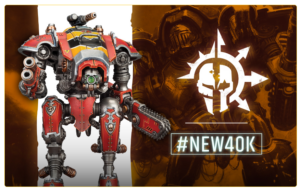 Promotional banner showing a red Warhammer 40k battlesuit on the left with a fiery orange background, and the white emblem with the neon #NEW40K hashtag on the right.