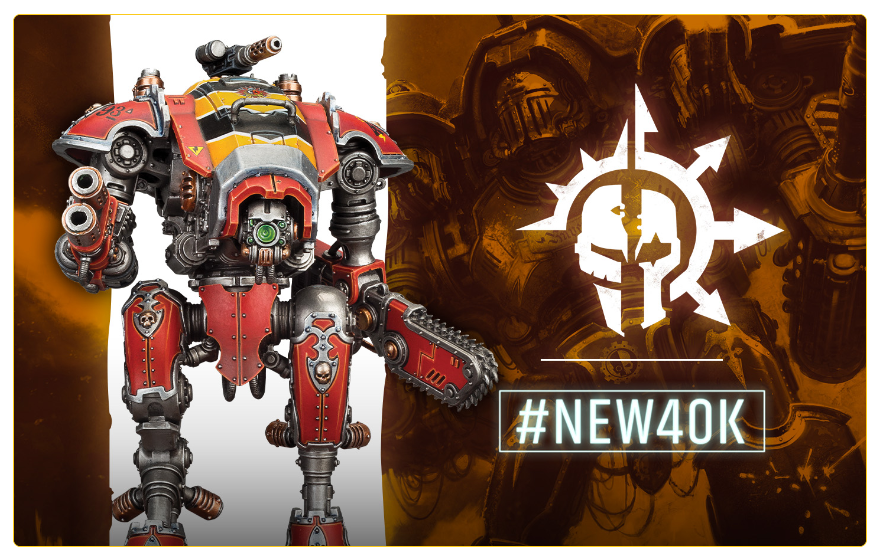 Promotional banner showing a red Warhammer 40k battlesuit on the left with a fiery orange background, and the white emblem with the neon #NEW40K hashtag on the right.
