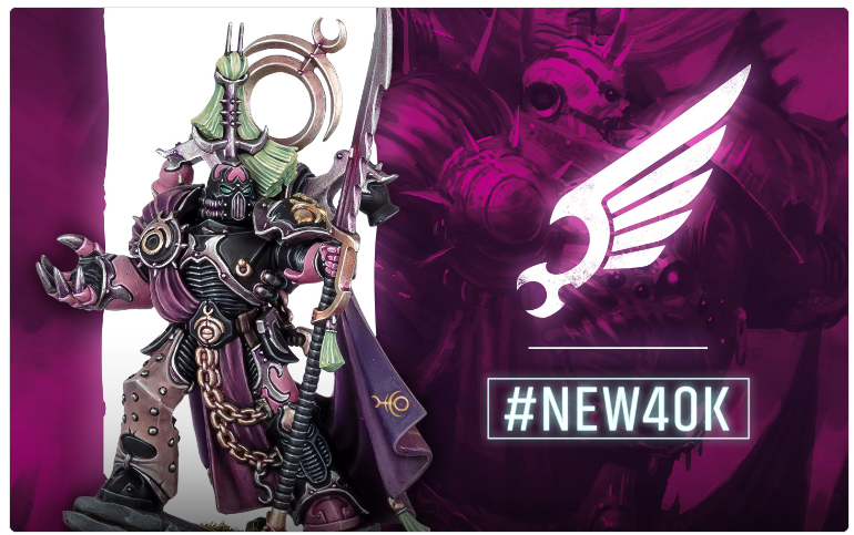 Ornate purple Warhammer 40K miniature figure holding a blade, posed against a purple background with a white winged emblem and '#NEW40K' text.