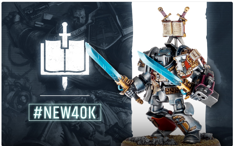 Screenshot 20260520 144434 Frontline Gaming Promotional Warhammer 40K banner: logo left, a space marine figurine with blue swords on the right, and the hashtag #NEW40K.