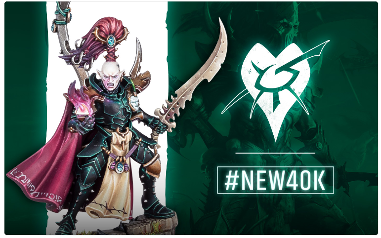 Fantasy miniature warrior in dark armor with a curved sword, standing beside a green promotional graphic featuring a white emblem and the text #NEW40K.