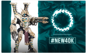 Gold Warhammer 40K robotic miniature on the left, teal background with a white circular emblem and a '#NEW40K' banner on the right.