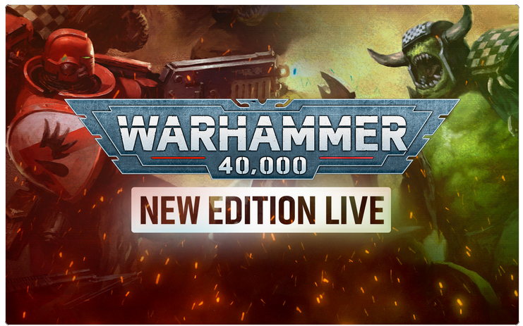 Screenshot 20260525 113104 Frontline Gaming Promotional banner for Warhammer 40,000: New Edition Live, with the logo center and red Space Marine on the left and an orc on the right.