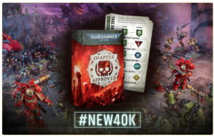 Warhammer 40,000 Chapter Approved box with rulebook on a battlefield scene featuring Space Marines miniatures; hashtag #NEW40K