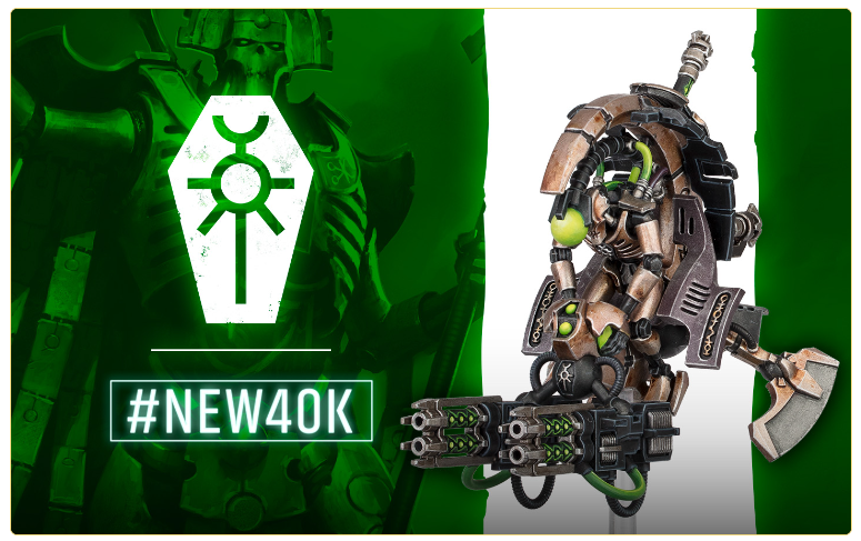 Promotional banner for Warhammer 40k with a white emblem, neon '#NEW40K' text, and a futuristic rifle against a green background.