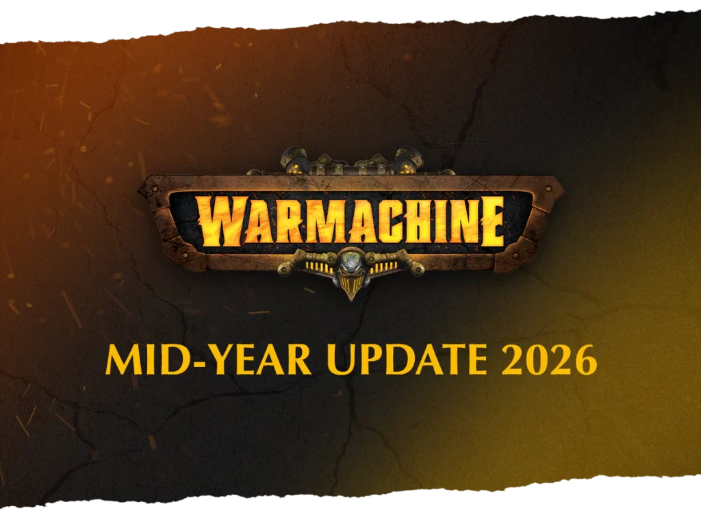 War Machine game banner with a cracked dark background and orange glow, featuring the logo and the words 'MID-YEAR UPDATE 2026'