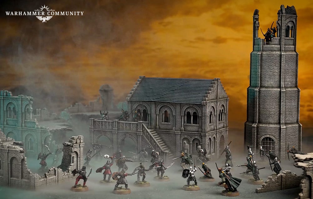 Warhammer miniature battle scene among ruined stone buildings with a tall tower and an orange smoky sky, warriorsclashing across the ruin.