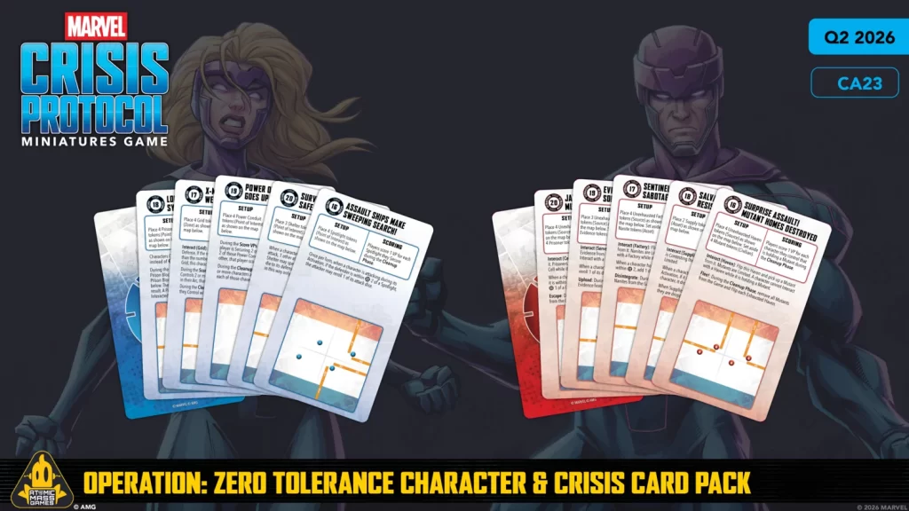 Promotional artwork for Marvel Crisis Protocol: Operation—Zero Tolerance Character & Crisis Card Pack, with blue and red fanned cards.