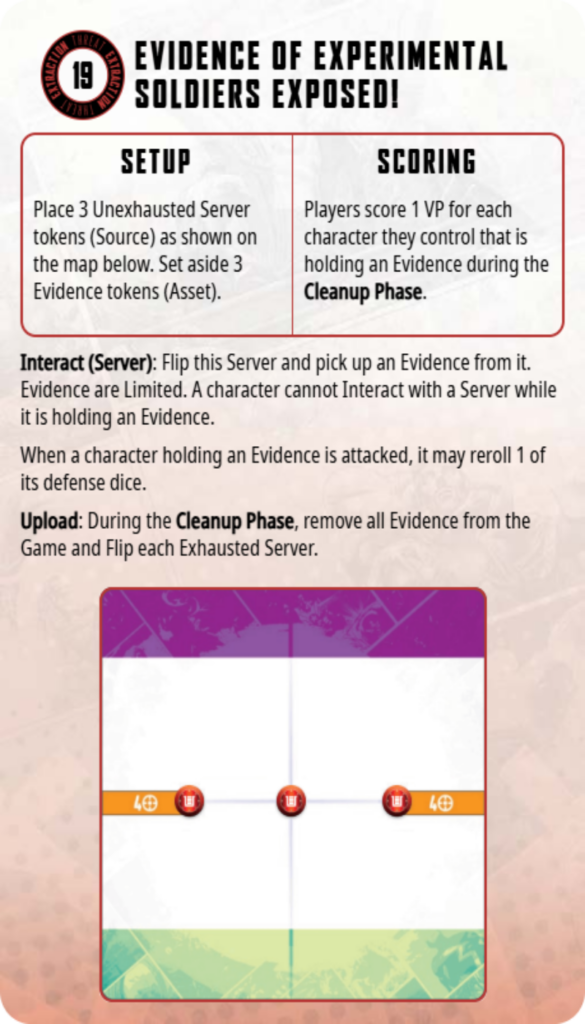 Instruction page for a game: title 'Evidence of Experimental Soldiers Exposed!', two panels labeled Setup and Scoring with instructions, plus body text about Interact (Server) and Upload; below is a purple-topped game board with a cross-grid and orange track tokens along a horizontal band.