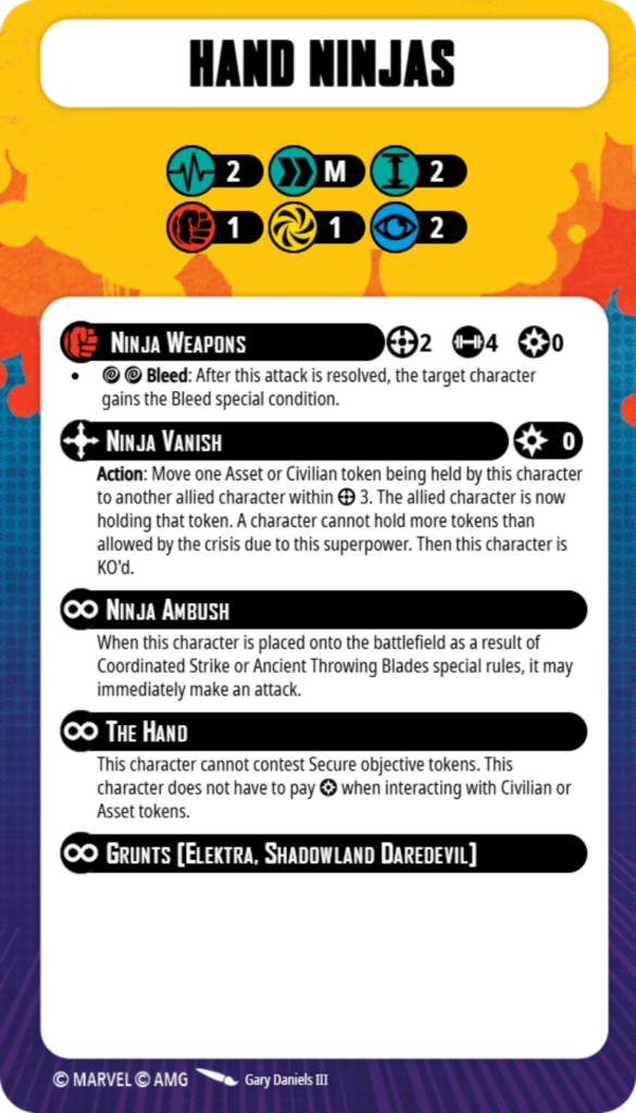 Hand Ninjas character card showing ability icons and descriptions: Ninja Weapons, Ninja Vanish, Ninja Ambush, The Hand, Grunts (Elektra, Shadowland Daredevil).