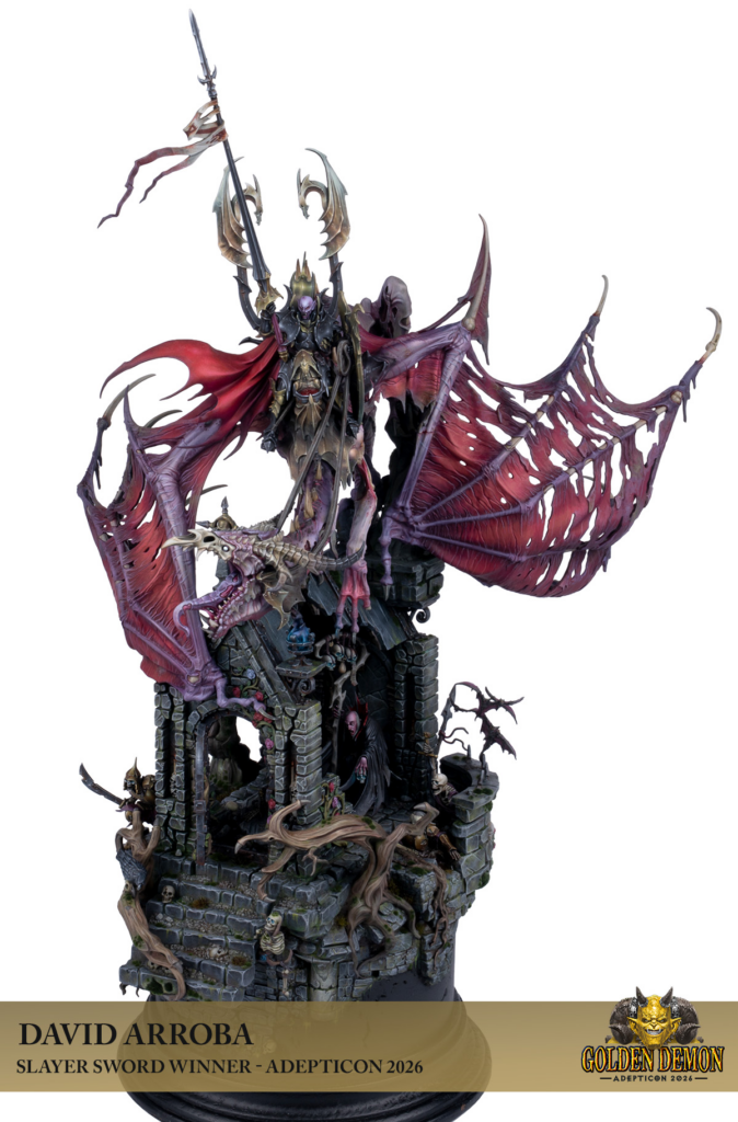 Miniature demon lord with large red wings perched on a crumbling stone pedestal, wielding a tall spear.