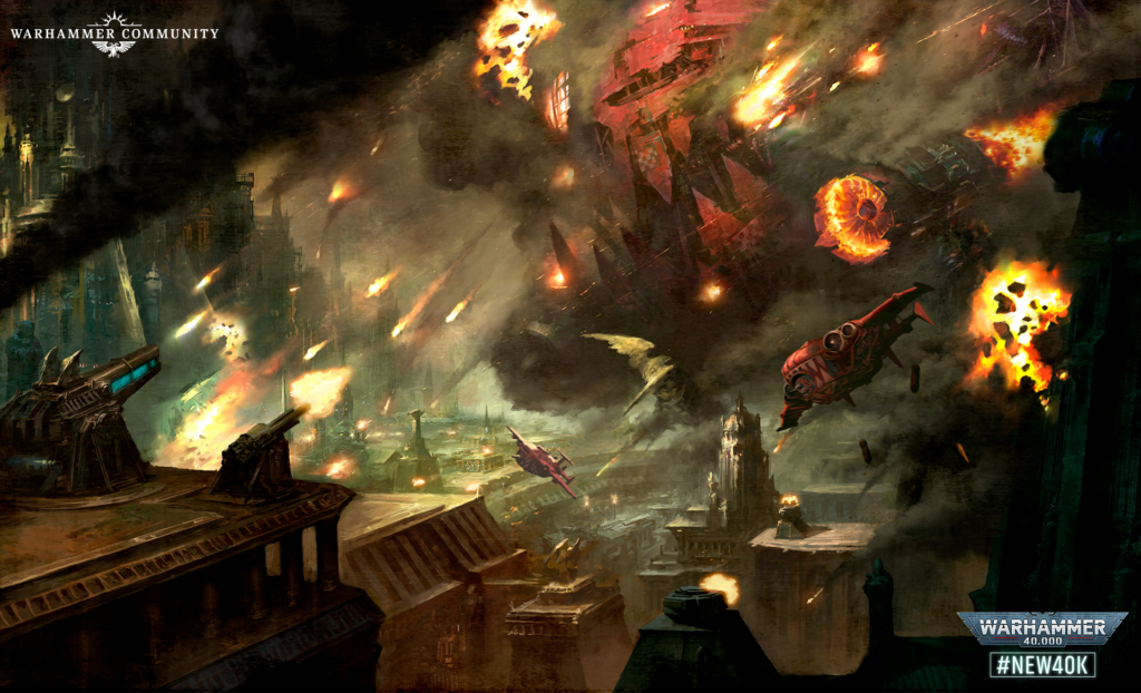 Epic Warhammer battle over a ruined city: fiery explosions, wreckage, and airborne craft sweeping through the skies.