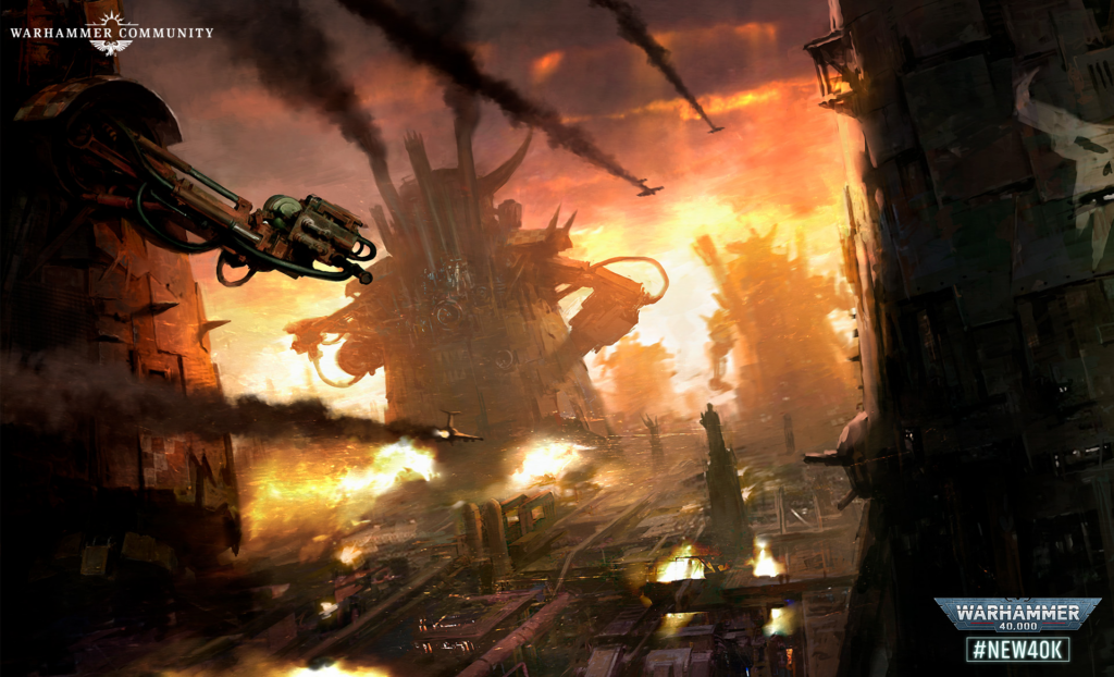 Warhammer Community banner showing a burning, war-torn city with a large artillery weapon in the foreground and smoke-filled skies with flying craft above.