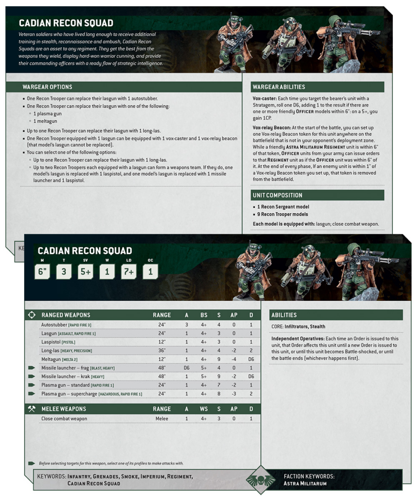 Two-page rule sheet for the Cadian Recon Squad, listing weapons, options, and abilities for a tabletop game set.