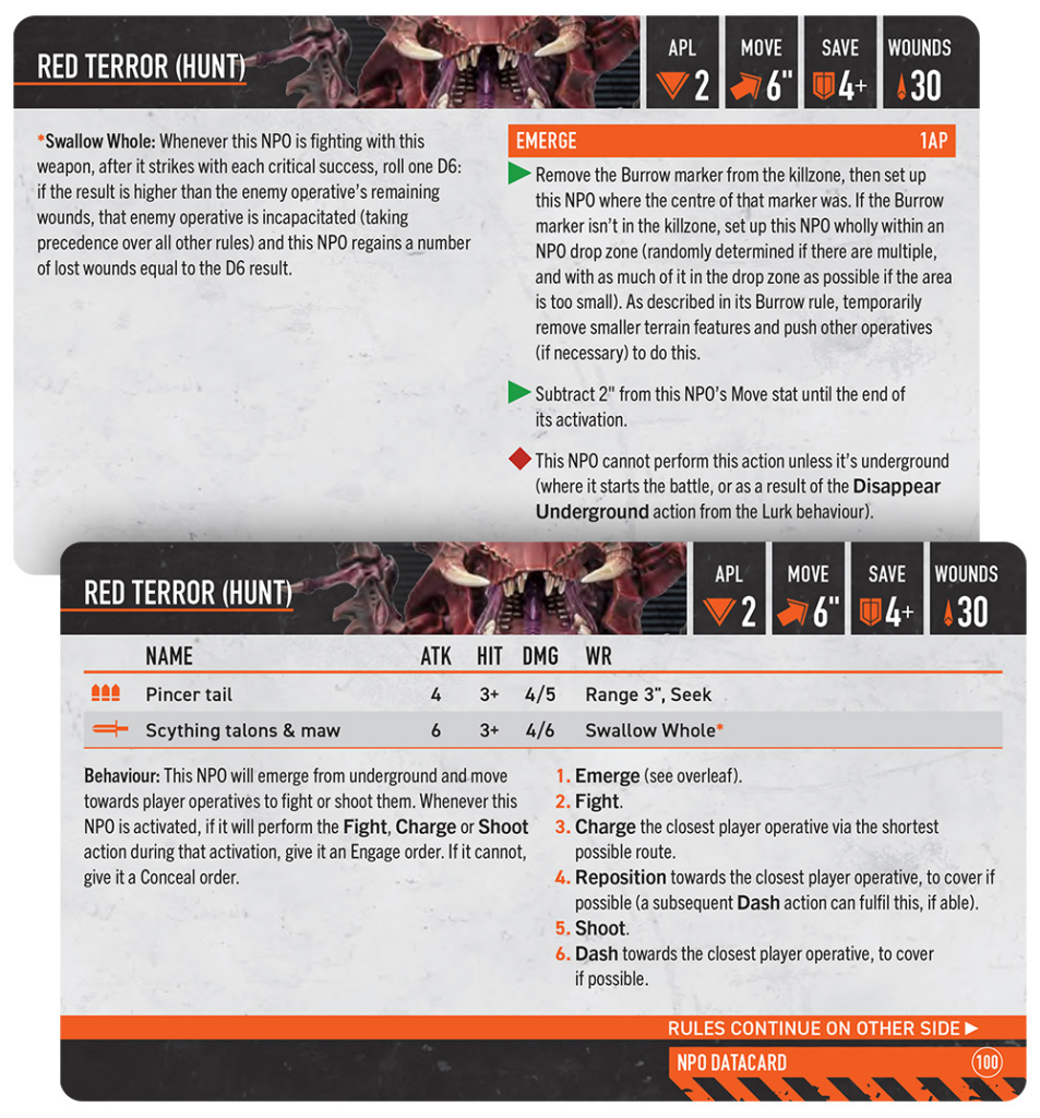 Red Terror (Hunt) mission card showing stats, rules, and two NPO abilities with APL, move, save, and wounds indicators at top and a detailed stat block below.