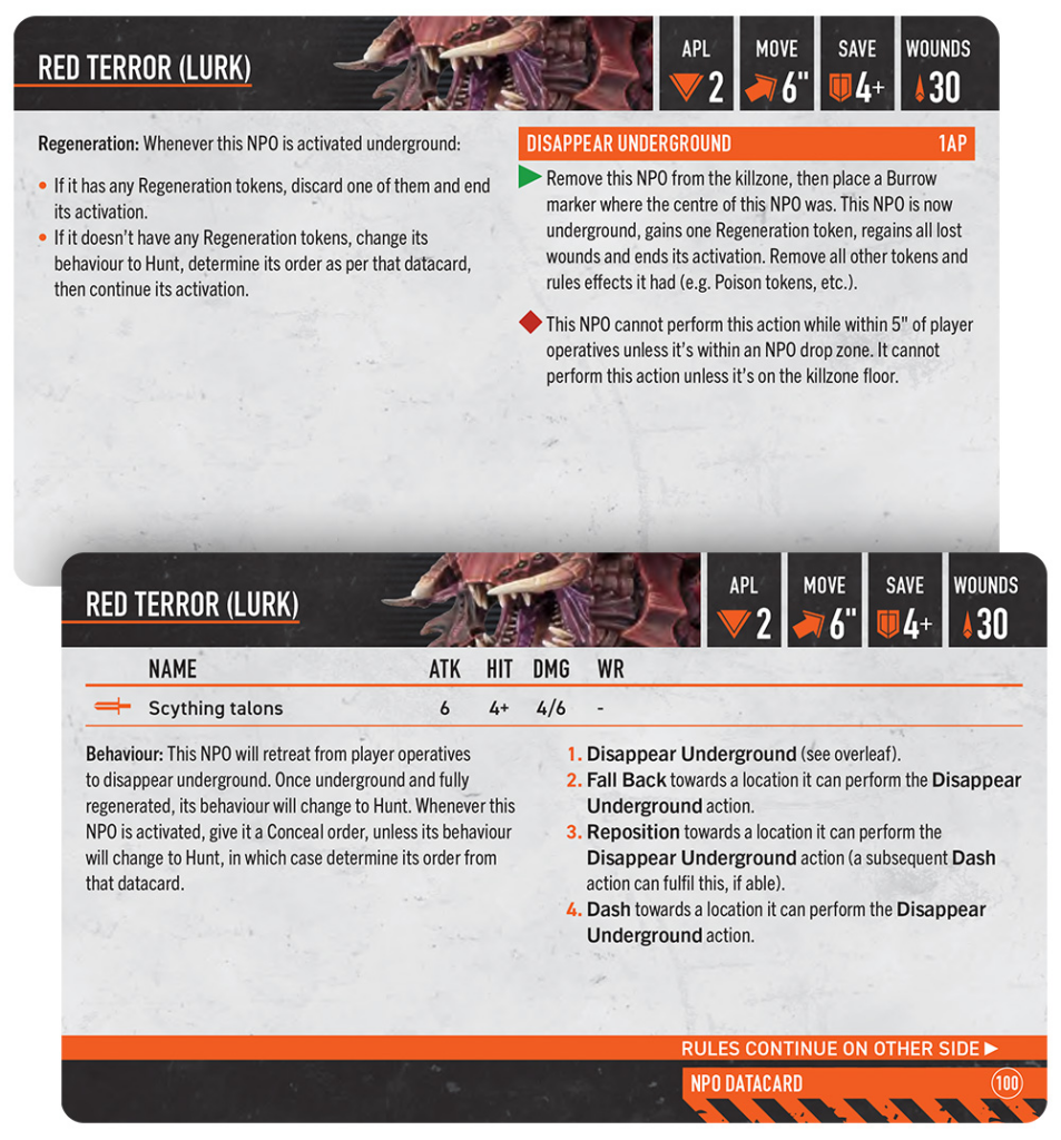 Red Terror (Lurk) NPO card showing stats (AP, Move, Save, Wounds) and two panels with rules and data text for the character boss in a game.