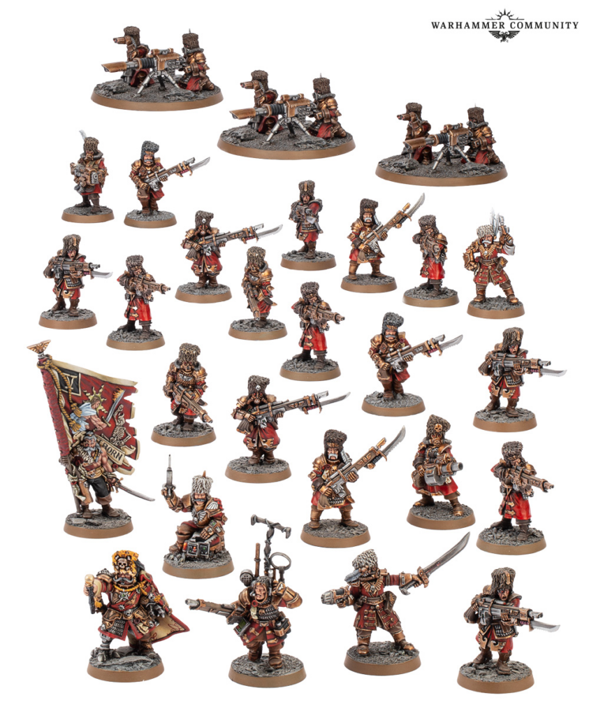 Group of painted dwarf soldiers in red and bronze armor, some with rifles and swords, and a banner, on round bases.