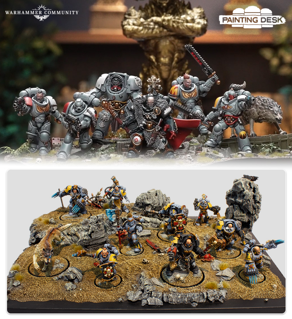Group of Warhammer 40k space marines posed on a rocky diorama battlefield with weapons drawn, front and center figures ready for combat.