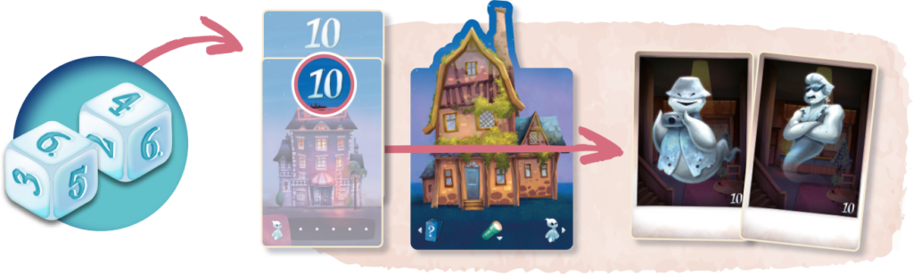 Three blue dice showing numbers 3, 4, and 5, then a tile with a haunted house on a game board, followed by two Polaroid-style cards depicting a ghost and a detective character.
