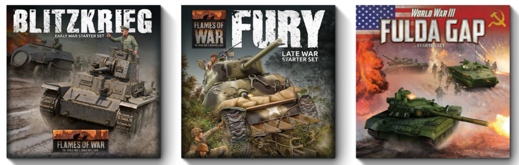 Three World War II miniatures game covers: Blitzkrieg, Flames of War: Fury, and Fulda Gap, each showing tanks in combat against dynamic artwork.