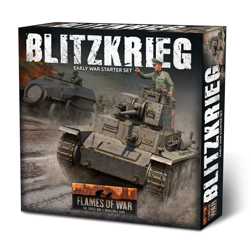 3D box art for Blitzkrieg: Flames of War — Early War Starter Set, with tanks advancing on a muddy battlefield.