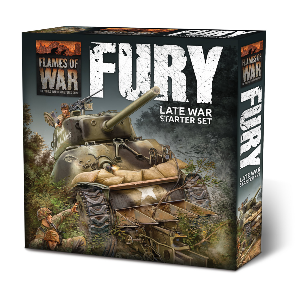 Box cover for Flames of War: Late War Starter Set featuring a detailed armored tank advancing through rubble with soldiers nearby.